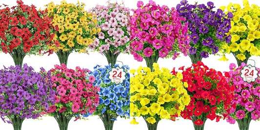 Ouddy Decor 48 Bundles Artificial Flowers for Outdoors Fake Flowers UV Resistant Faux Plastic Plants for Spring Summer Garden Porch Window Box Table Vase Home Indoor Outdoor Decoration, Mixed