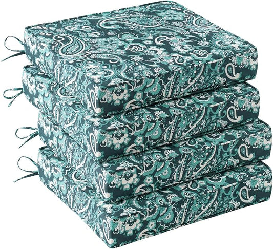 UNIKOME Outdoor Chair Cushions Set of 4, Water Resistant Patio Seat Cushions with Ties for Outdoor Furniture, High-Density Foam, UV & Fade Resistant, Piped Edge – 19" x 19" x 3", Boho Teal Paisley