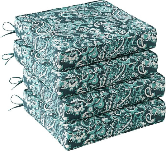 UNIKOME Outdoor Chair Cushions Set of 4, Water Resistant Patio Seat Cushions with Ties for Outdoor Furniture, High-Density Foam, UV & Fade Resistant, Piped Edge – 18.5" x 16" x 3", Boho Teal Paisley
