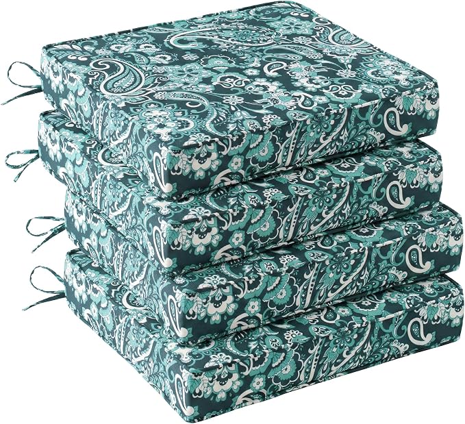 UNIKOME Outdoor Chair Cushions Set of 4, Water Resistant Patio Seat Cushions with Ties for Outdoor Furniture, High-Density Foam, UV & Fade Resistant, Piped Edge – 24" x 24" x 4", Boho Teal Paisley