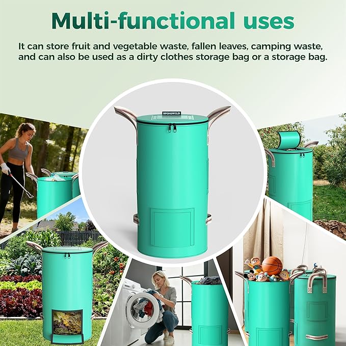 Reusable Garden Yard Waste Bag – 14.39Gallon Breathable Thickened Reusable Lawn Bag, with 4 Handles for Easy Moving & Foldable Design, for Leaf & Miscellaneous Debris Collection(Green)