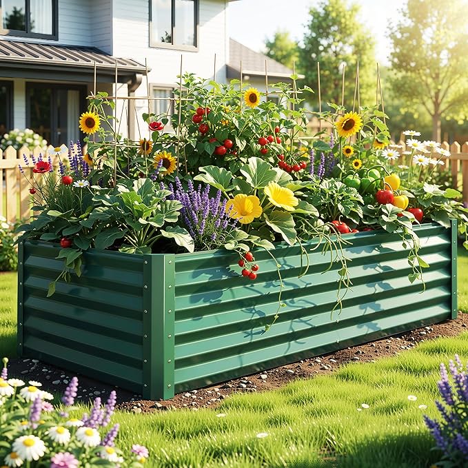 YITAHOME 6x3x1.5ft Large Raised Garden Bed Kit, Galvanized Metal Planter Box with Gloves, Ground Nails, Support Rod, Outdoor Above Ground Planters for Plants Vegetables Flowers, Green