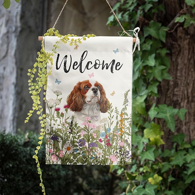 Floral Cavalier King Charles Spaniel Garden Flag Spring Summer House Flags 28 x 40 Double Sided Flower Dog Yard Flags for Outside Large Outdoor Welcome Flags