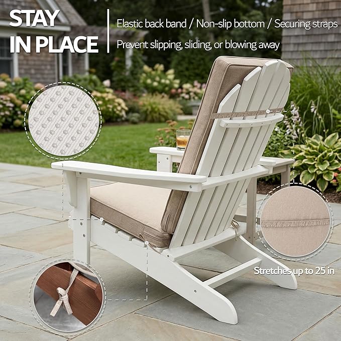 Adirondack Chair Cushions Set of 4 - Removable Covers, Water-Repellent & Fade-Resistant Faux Linen, Securing Straps, Non-Slip Bottom, Fit for Most Outdoor Adirondack & Rocking Chairs - Beige