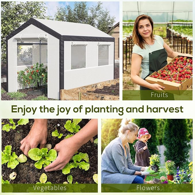 Outsunny 10' x 7' x 7' Greenhouse, Walk-in Outdoor Tunnel Green House with PE Cover, Steel Frame, 2 Roll-Up Zipper Doors & 4 Windows for Flowers, Vegetables, Tropical Plants, White