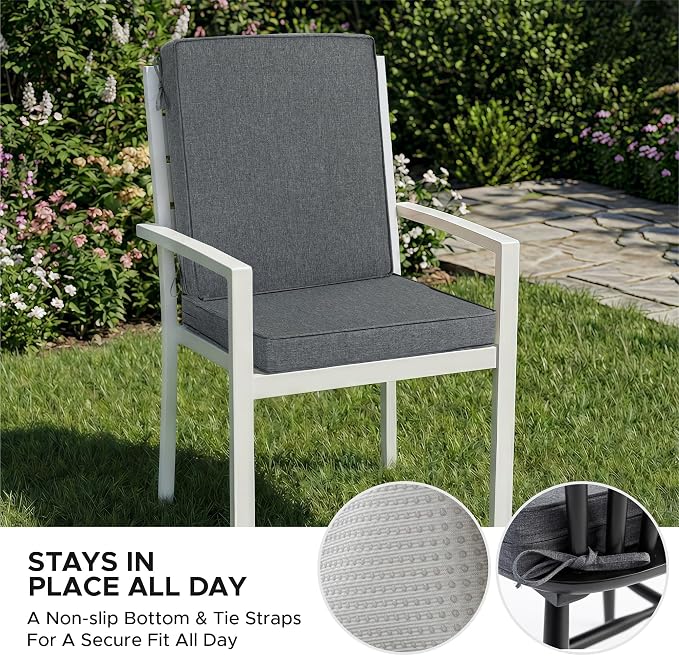 Outdoor Chair Cushions, Water-Resistant & Fade-Resistant, Patio Furniture Lawn Dining Chair Seat Replacement with Mid Back, Ties Zipper, Removable Cover, 18 x 16.5 Inch, Set of 1, Dark Grey