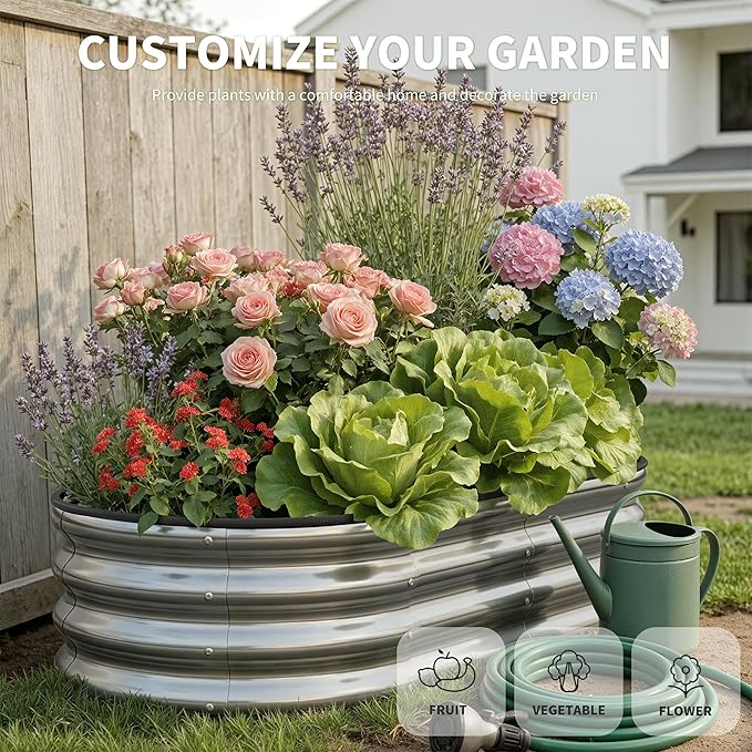 Planter Raised Beds Metal Kit, 4×2×1ft 2 Pack for Outdoor Planter Boxes with Easy Assembly,Oval Large Galvanized Garden Beds for Vegetables, Fruits, Flower Silver