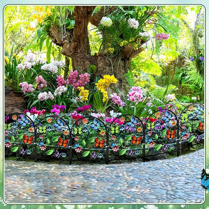 Yaocom 12 Pack Butterfly Decorative Garden Fence 16.5''H x 11.8''W Animal Barrier Border Butterfly Flower Design Metal Arch Garden Fence Border for Spring Outdoor Patio Yard Landscape Decoration