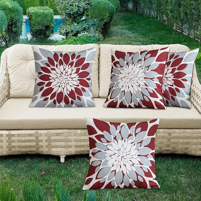 Qahing Pack of 4 Outdoor Waterproof Pillow Covers 18x18 Decorative Outdoor Throw Pillows Garden Square Cushion Cases for Patio Furniture, Couch, Tent Sunbrella, Bench, Burgundy Red Grey