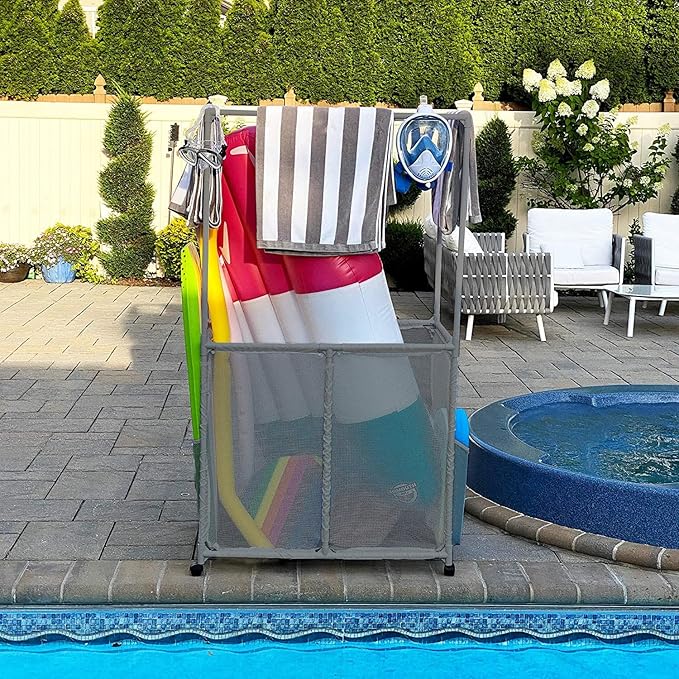 Pool Equipment Holder with Towel Drying Bars, Mesh Rolling Multi Use Storage Organizer Bin, Large Towel Hanger (25" L x 34.5" W x 62.6" H), Gray