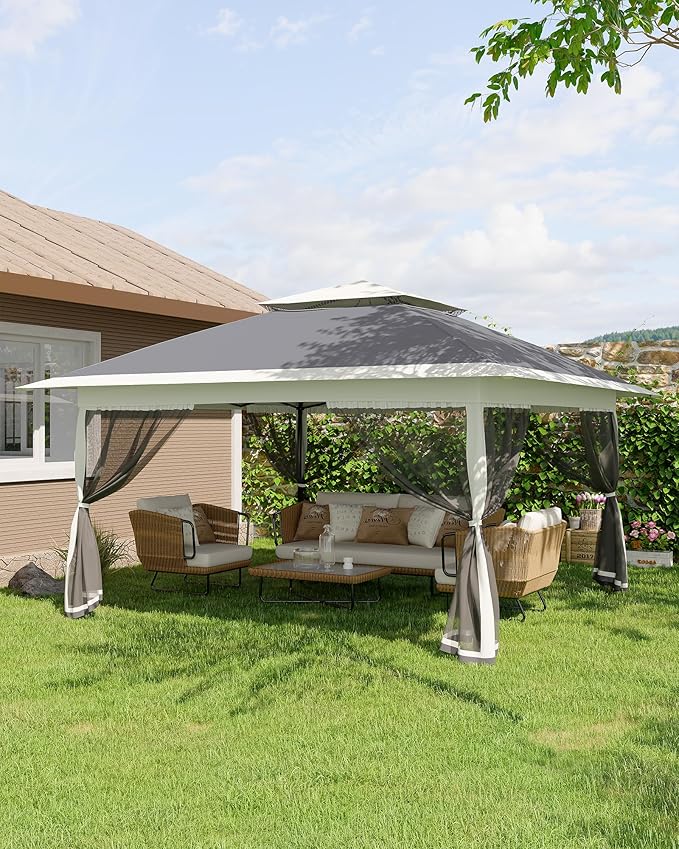 GarveeLife Canopy Tent 13x13 ft, Pop Up Gazebo One-Push Setup with 4 SandBags for Backyard Parties and BBQs, Mosquito Netting & Height Adjustable - Grey