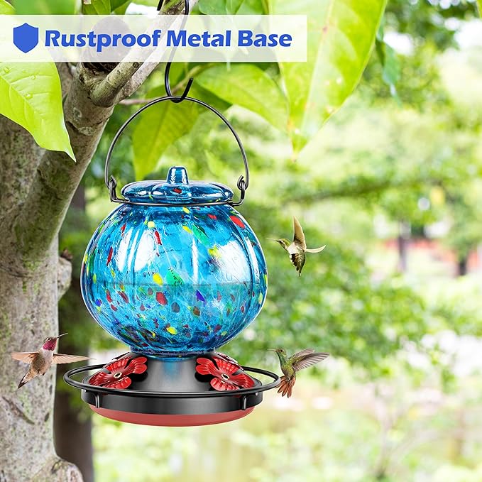 Hummingbird Feeder for Outdoors – Hand Blown Blue Glass Bird Feeder, Leakproof, Easy to Fill & Clean, 25 Ounces, Colorful Spotted Pumpkin Shape Decorative Hanging Gift for Her