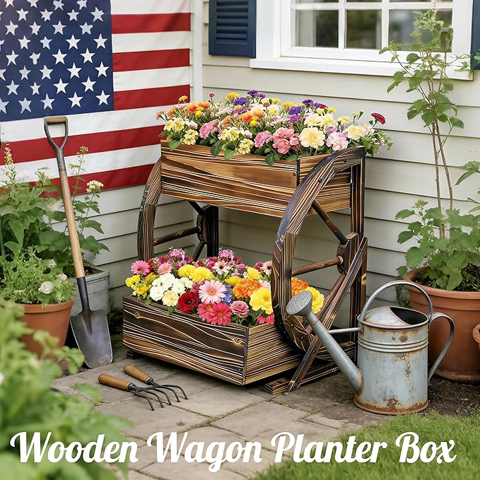 2 Tier Medium Wooden Wagon Planter Box|Outdoor Planter/Flower Pot for Indoor&Outdoor Plants-Rustic Garden Planter for Patio,Porch&Garden Decor-Raised Garden Bed for Succulents,Herbs,Vegetables
