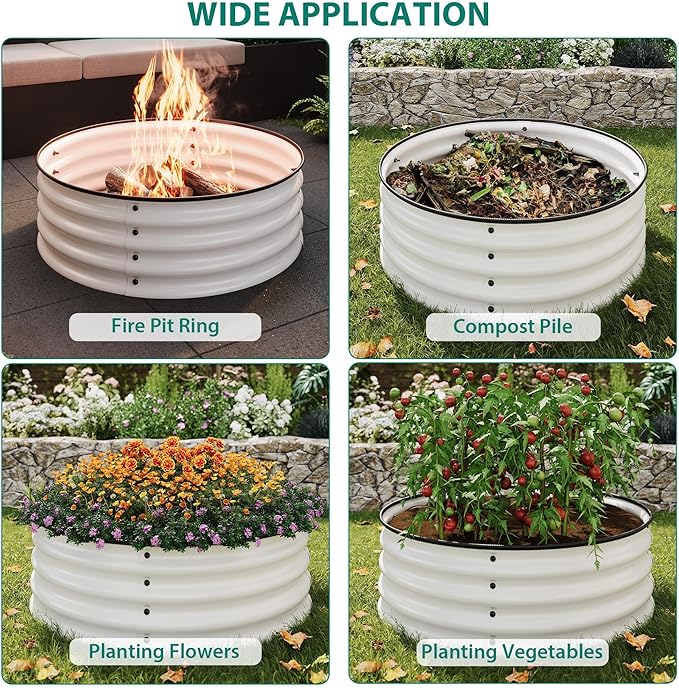 Garvee Round Raised Garden Bed, 3PCS 2 x 1ft Galvanized Raised Boxes with Rust-Resistant, Easy Assembly, Safe Edge, Metal Garden Bed Kit for Planting Vegetables, Fruits, Flowers, White