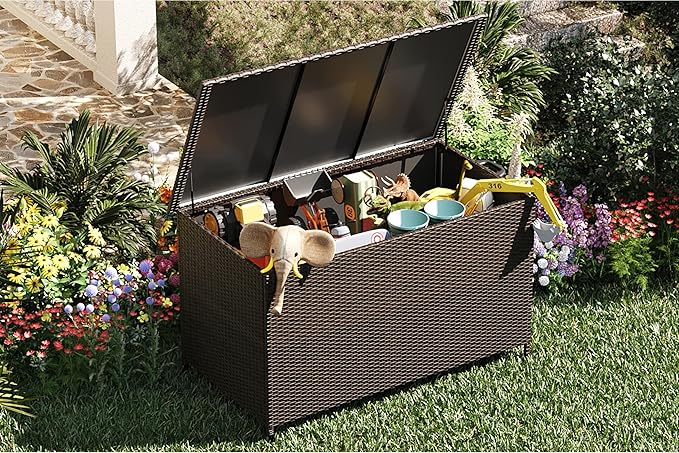 185 Gallon Large Deck Box Waterproof PE Rattan Outdoor Storage Box with Handles and Wheels, Storage Bin for Garden, Balcony, Porch, Pool, Yard