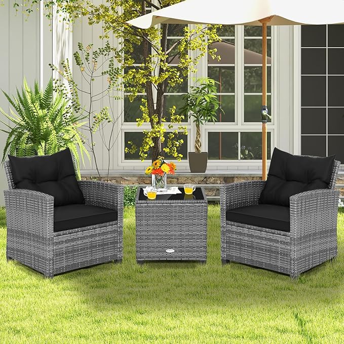 COSTWAY 3PCS Patio Furniture Set, PE Rattan Wicker Sofa w/Washable Cushion and Coffee Table, Tempered Glass Tabletop, Outdoor Conversation Set for Balcony, Porch, Yard, Backyard, Lawn, Black