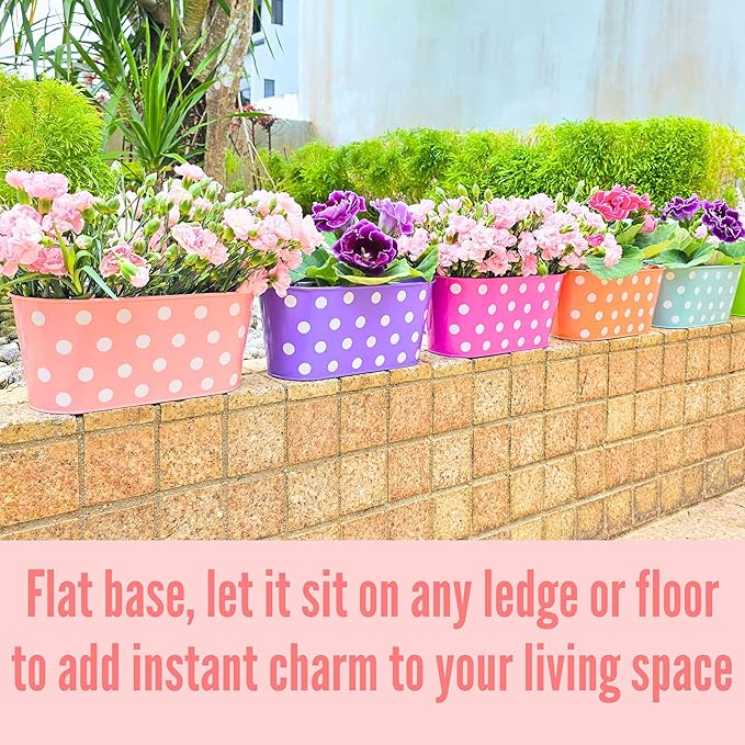 LaLaGreen Rail Planter (17 Inch, 6 Pack) Colorful Metal Hanging Flower Pots Railing Fence Balcony Gardening for Apartment Patio Planters Iron Outdoor Decoration Porch Decor Modern Garden Style