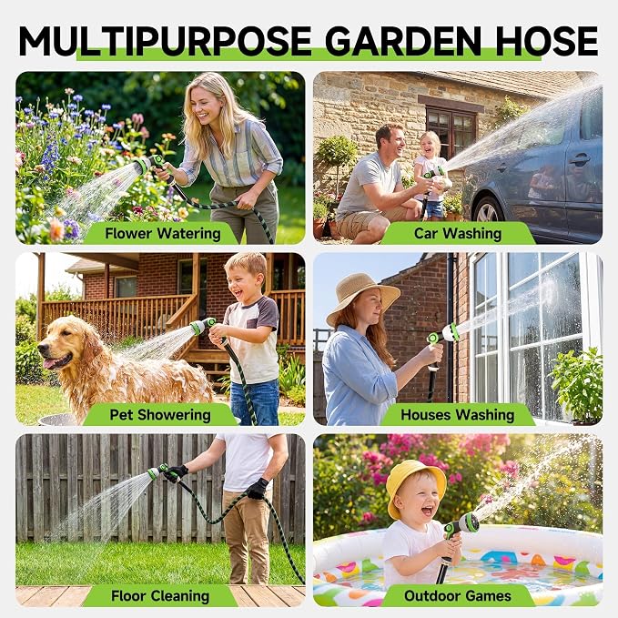 Garden Hose 25 ft Flexible Water Hose Non-Expanding Lightweight Kink-Free Hoses Durable Leak-Proof High Pressure Pipe with 3/4” Brass Fitting 10 Function Nozzle for Outdoor Yard Lawn Car Wash