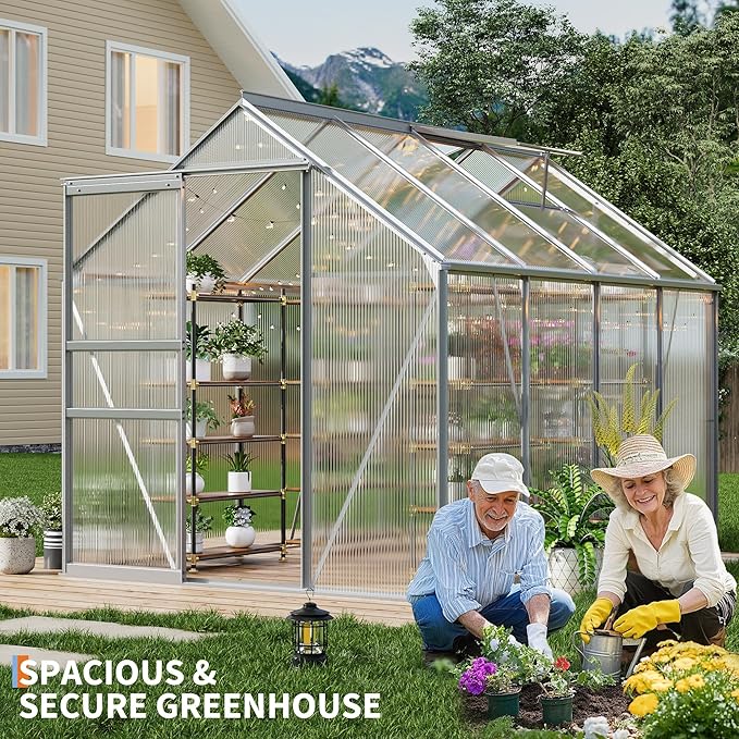 6x8FT Greenhouse for Outdoors, Walk-in Polycarbonate Greenhouse with Sliding Door, Adjustable Roof Vent & Gutter System, Portable Outdoor Green House Kit for Winter Gardening