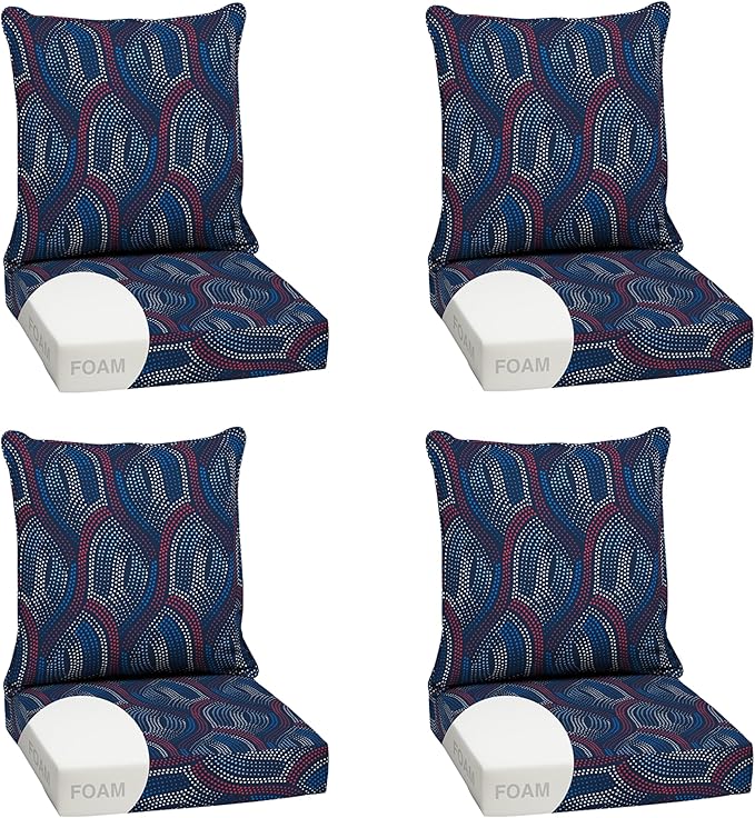 Arden Outdoor Foam Deep Seat Cushion Set (4-Pack), 24x24, Premium High-Density Foam, Never Flattens, Weather-Proof for Patio Chair Sofa Couch, Sapphire Liberty Mosaic
