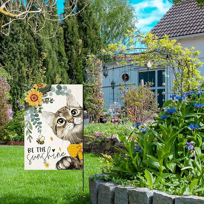 Summer Cat Garden Flag for Outside 12x18 Double Sided,Be The Sunshine Cat with Sunflowers Small Yard Flags, Seasonal Decor for Spring Farmhouse Holiday Outdoor