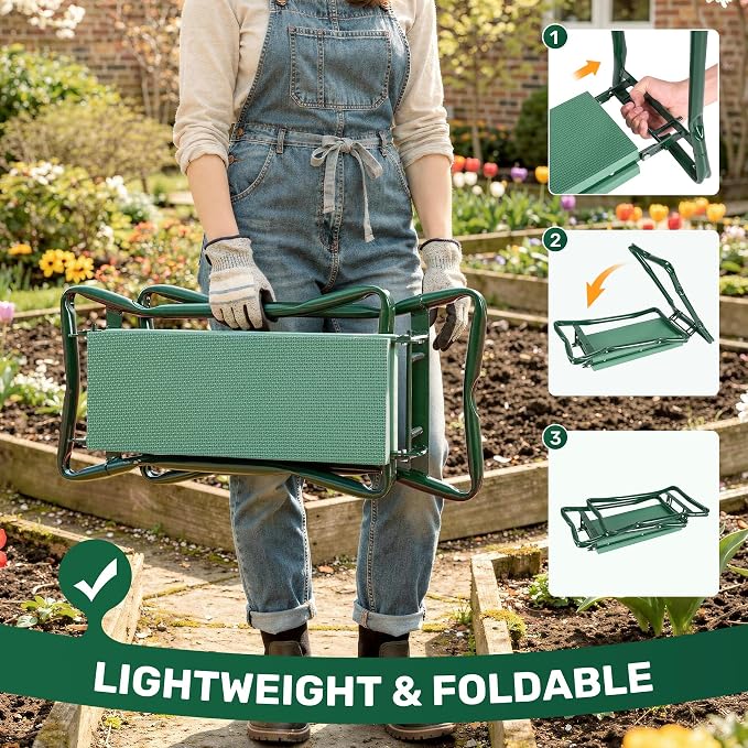 Garden Kneeler and Seat, 2-in-1 Gardening Kneeling Bench, Foldable Heavy Duty Garden Stool with Cushioned Pad, Gardening Gifts for Seniors Women -1PCS