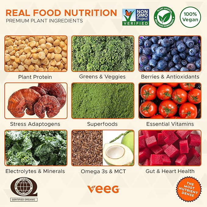 Veeg Plant Protein Powder – Vegan Protein Shake & Collagen Boost. Pea Protein, MCT, Probiotics & Multivitamin. 10 Supplements in 1. Daily Energy, Immunity & Wellness. 15 Servings (Vanilla)