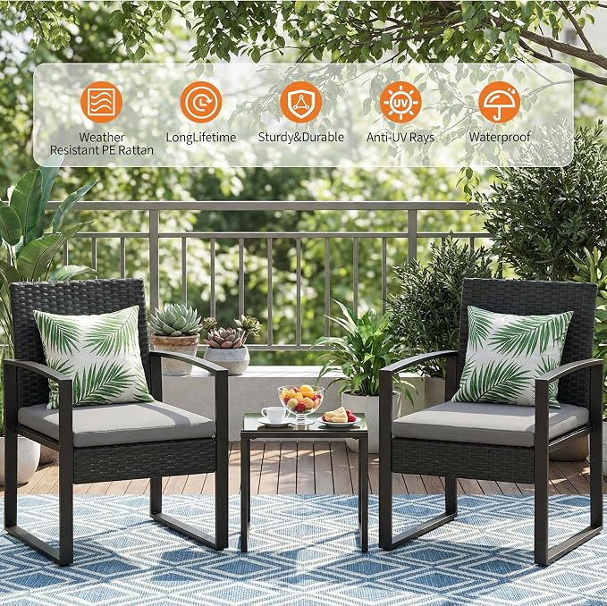 Garvee 3 Pieces Patio Bistro Set, PE Rattan Patio Conversation Set with Tempered Glass Coffee Table, Outdoor Wicker Furniture for Patio Garden Balcony Backyard, Black and Grey
