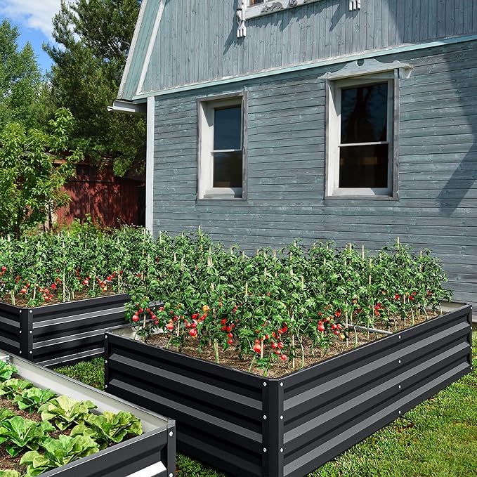 DWVO 2pcs 8 x 4 x 1 FT Raised Garden Bed Kit, Outdoor Galvanized Flower Bed with Safety Rubber and Gloves, Large Metal Planter Box for Vegetables, Flowers, Herbs, Fruits, Black