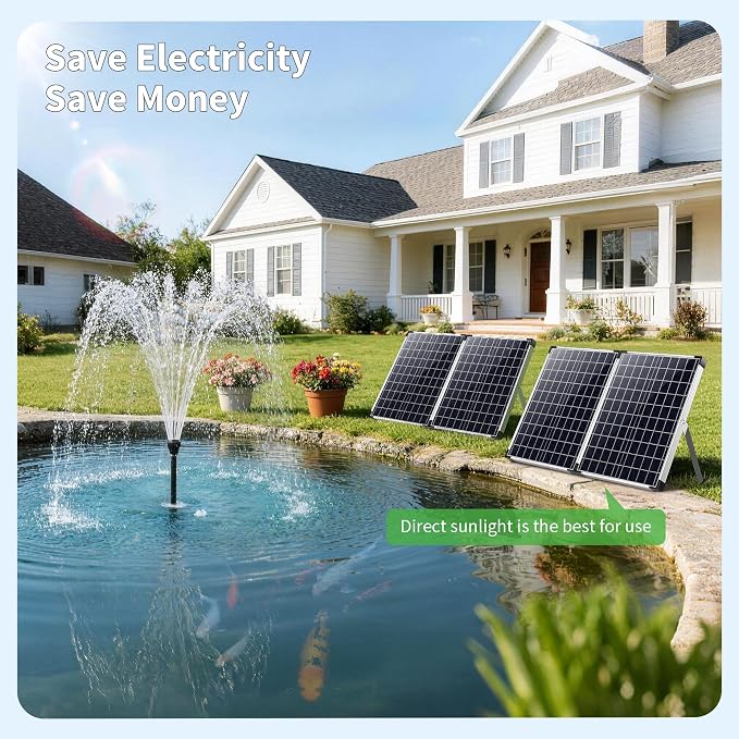 POPOSOAP 100W Solar Water Fountain Pump, 1200GPH Adjustable Flow & Dry-Run Protection Pond Pump, Dual Solar Panels, 3 Spray Nozzles, Solar Fountain Pump Kit for Outdoor Ponds, Water Garden P1100