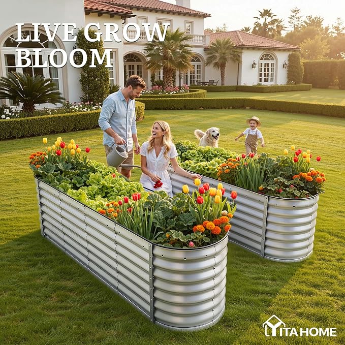 YITAHOME 2pcs 24" Tall 9 in 1 Large Raised Garden Bed Kit, 8x2x2ft Galvanized Metal Planter Box with Gloves and Safety Rubber, Outdoor Above Ground Planters for Plants Vegetables Flowers, Silver Gray