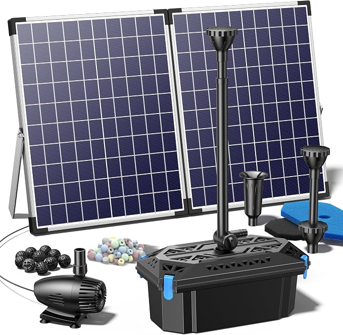 NFESOLAR 50W Solar Pond Filter Fountain, 580 GPH Water Pump, 10 FT Extension Cord, Solar Fountain Pump with Pond Filter Box Outdoor for Koi Ponds Water Feature