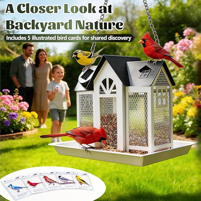 Solar Bird Feeder for Outdoors Hanging – Heavy Duty Metal Wild Bird Feeders with Solar Light & 5 Bird ID Cards – Chew Resistant Seed Feeder for Cardinal, Unique Gifts for Mom