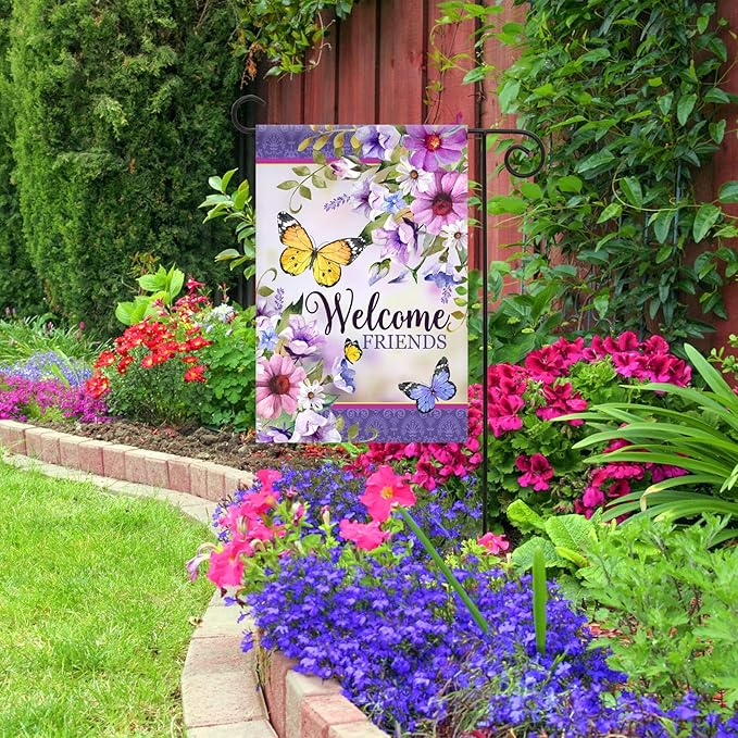Texupday Welcome Friends Floral Blooms Butterfly Decoration Seasonal Spring Summer Garden Flag Outdoor Yard Flag 12" x 18"