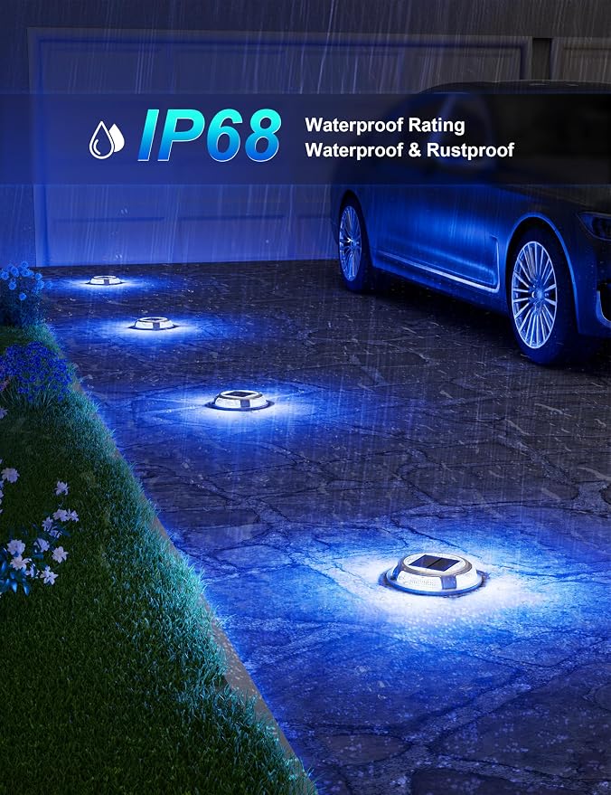 VOLISUN Solar Driveway & Deck Lights 8 Pack Waterproof Dock & Marine Ground Lights,2-in-1 Blue & White LED,Solar Marker for Pathways,Steps,and Warning Signs,Auto On/Off