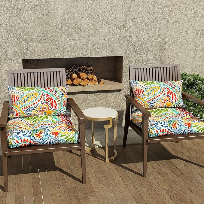 LVTXIII Outdoor/Indoor Tufted Seat Cushion, Decorative Wicker Chair Pads All Weather Seat Cushion Sets for Patio Garden Home Office Furniture, 19”x19”x4”, Round Back, Pack of 2, Paisley Multi