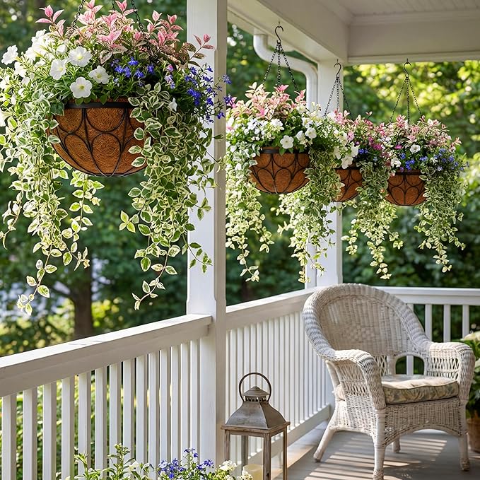 4 Pack 12 Inch Hanging Planters for Outdoor Plants，Large Wire Flower Hanging Basket with Coco Liners for Balconies, Patios, Porch, Terraces Decor