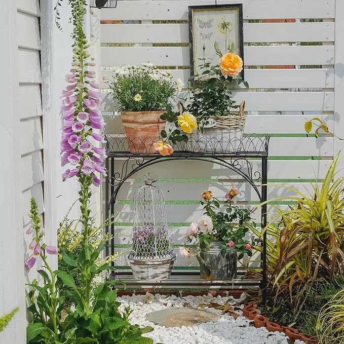 Black Long Double-Layer Plant Shelf, French Courtyard Style Metal Stand for Tall Potted Plants, Sturdy Indoor Outdoor Planter Holder Garden Decor