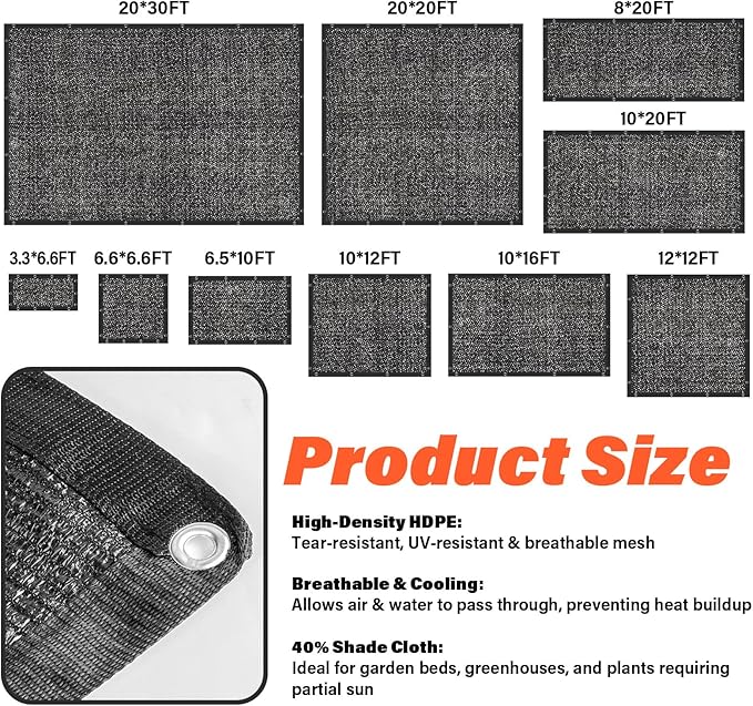 JOJOLEE 40% Sun Shade Cloth, 20x20FT Shade Net Mesh Tarp with Grommets, Black Sunblock Cover for Outdoor Patio Plants, Pergola, Greenhouse, Chicken Coop, Backyard, Balcony