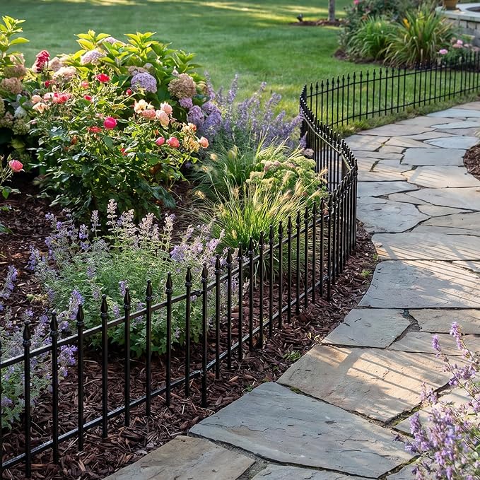 Sunnydaze Decorative Garden Fence Border - 22 in W x 18 in H No Dig Metal Edging for Flower Beds, Yard, Lawn, Pathways and Landscaping - Roman Finial Design - 9ft - 5 Panels - Black