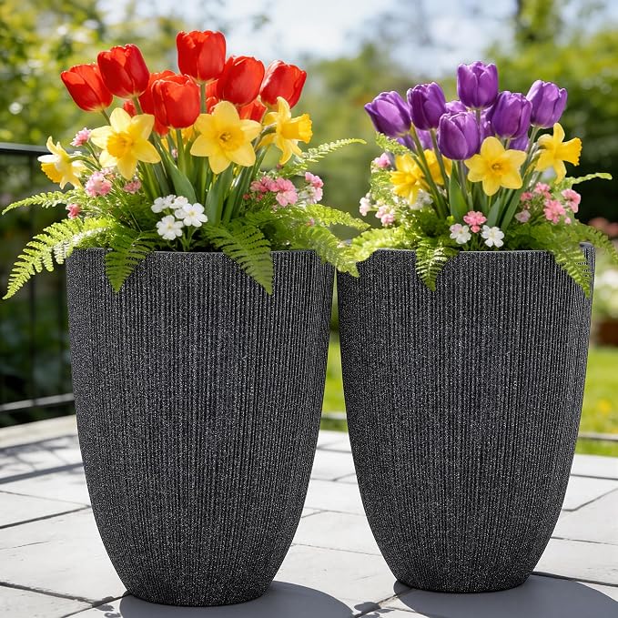 19" Concrete-Style Tall Round Planters for Indoor Outdoor Plants, Set of 2 Decorative Fluted Large Flower Pot, UV-Resistant Top-Tier Resin Planters for Garden Patio Porch Home Office Decor