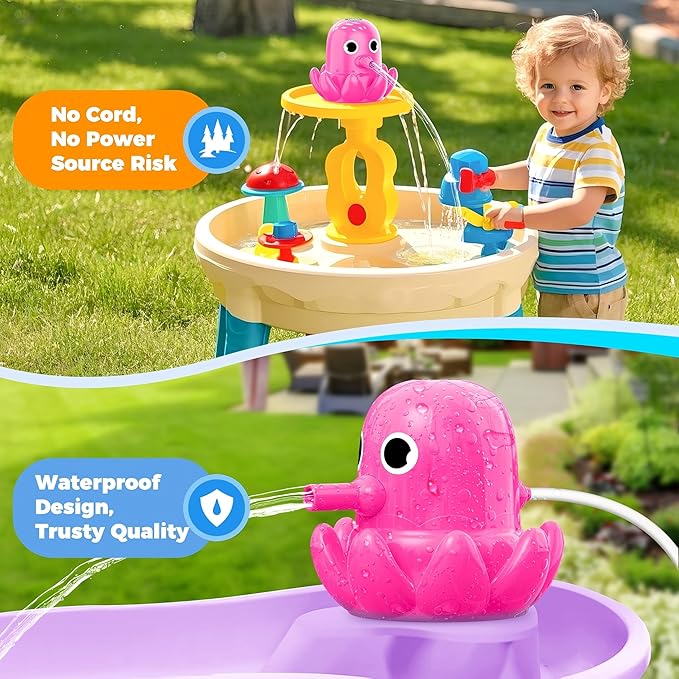 Water Table Pump, Battery Powered Continuous Water Pump for Water Table, Cordless Octopus Rechargeable Magnetic Pump, No Drill Installation, Outdoor Water Play Accessory for Kids (Pink)
