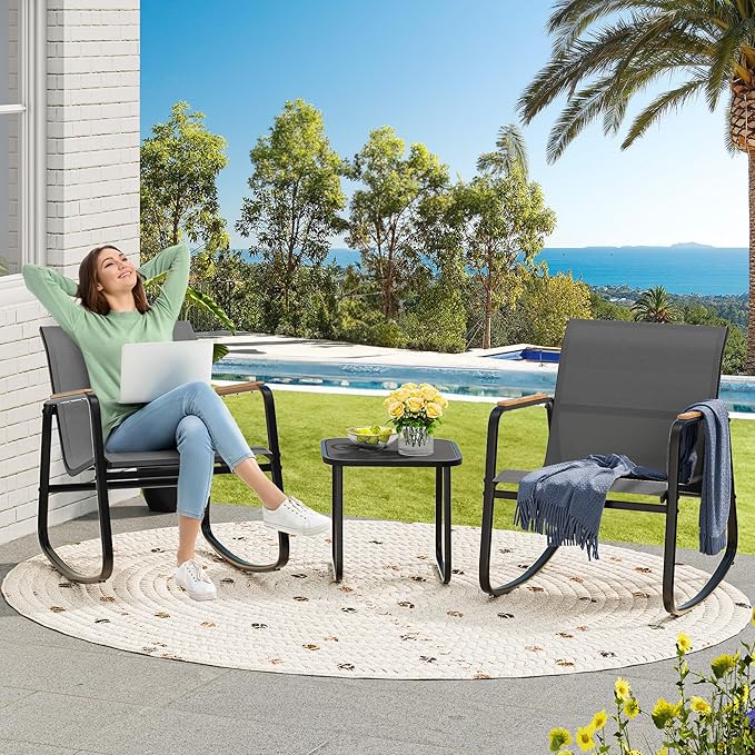 YITAHOME 6 Piece Rocking Bistro Set, Outdoor Patio Furniture Set with Wooden Armrests, 4 Porch Chairs with 2 Glass Table for Lawn, Garden, Balcony, Poolside, Dark Gray