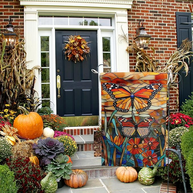 Monarch Butterfly Garden Flags for Outside Fall House Flag 28x40 Double Sided Large Stained Glass Floral Yard Flag Spring Summer Decorative Flags Seasonal Lawn Flags Rustic Outdoor Decor