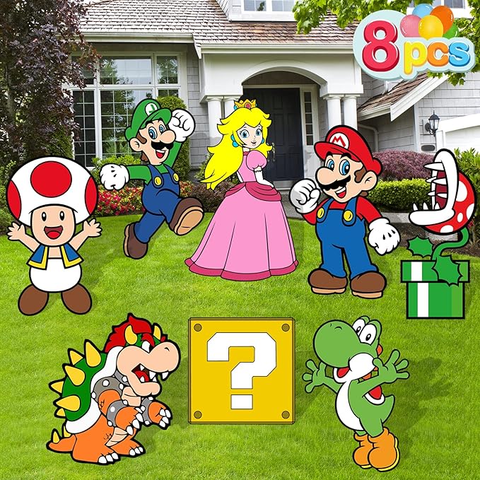 Mario Birthday Party Supplies, 8PCS Yard Signs with Stakes, Outdoor Lawn Party Decor, Mario Birthday Party Decorations, Yard Signs for Super Mario Theme Birthday Party
