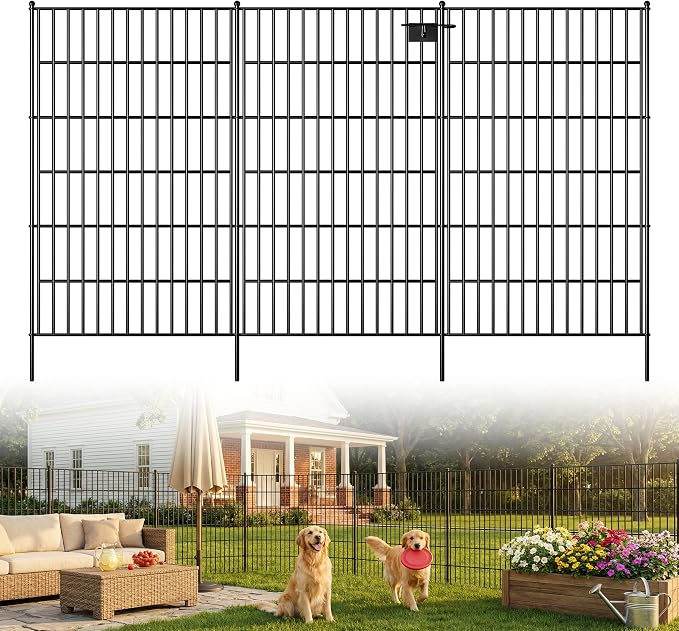 Toolterritary 5 Panels No Dig Decorative Garden Fence with Gate, 48in(H) x 12.5ft(L), Dog Fence Outdoor for Yard - Rustproof Metal Animal Barrier Fencing for Patio, Flower Bed, Ideal for Dogs, Rabbits