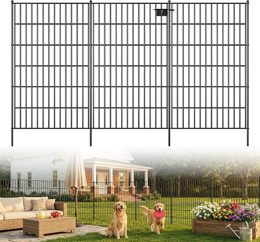 Toolterritary 5 Panels No Dig Decorative Garden Fence with Gate, 48in(H) x 12.5ft(L), Dog Fence Outdoor for Yard - Rustproof Metal Animal Barrier Fencing for Patio, Flower Bed, Ideal for Dogs, Rabbits