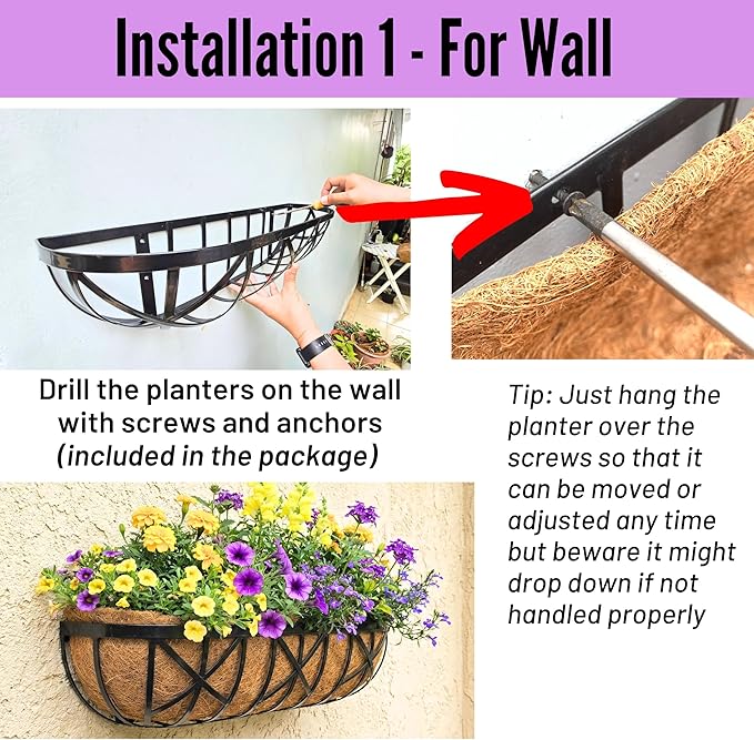 LaLaGreen Bundle- 2 Pack, 24 Inch Metal Planter with Coco Liner + 3 Pack, 11 Inch Self Watering Hanging Basket Plastic Flower Pot with Chain Outdoor Wall Mounted Balcony Fence Patio Porch Modern Decor
