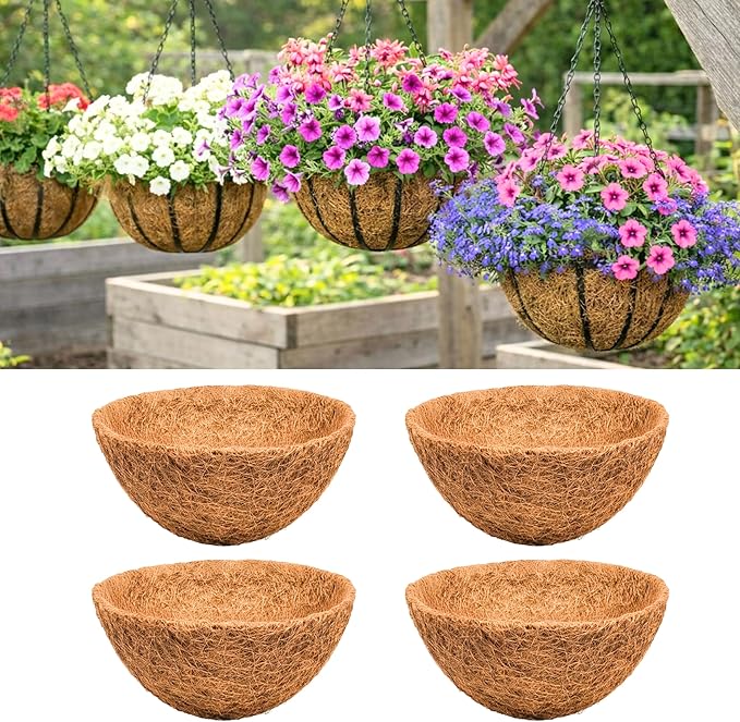 LaLaGreen 16" (4 Pack, Round) Coco Liners for Hanging Basket – Medium Coir Replacement for Garden Pot, Outside Planter Holder, Farmhouse Decor – Multi Sizes 8/10/12/14/18/20 Inch & Different Shapes