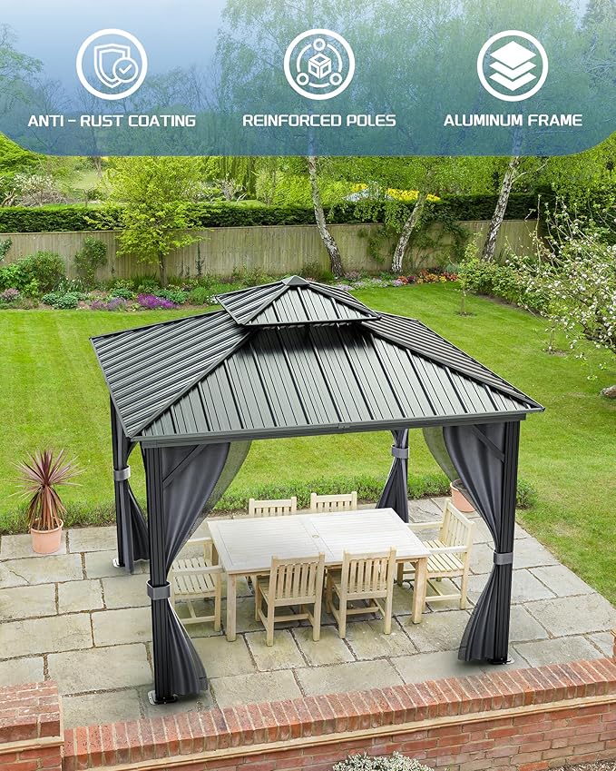 12x12 FT Hardtop Gazebo with Galvanized Steel Double Roof, Heavy-Duty Aluminum Frame Outdoor Gazebo Canopy with Mosquito Netting & Waterproof Curtains for Patio, Backyard, Deck & Lawn